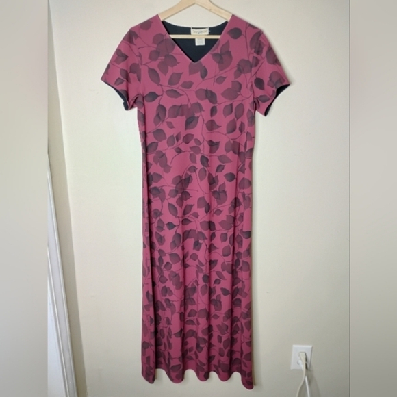 90s Travelsmith Maxi Dress Burgundy Leaf Print Fall Cottagecore Preppy Sz M - Picture 3 of 8